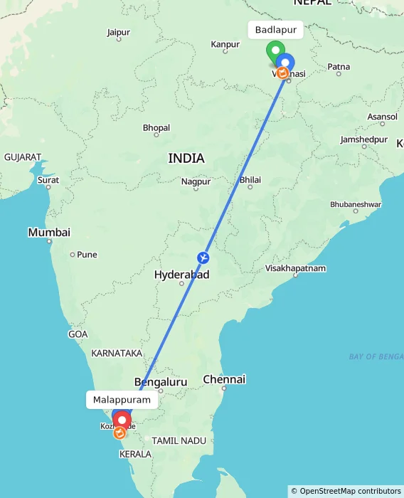 Route map showing distance and travel time from Badlapur, India to Malappuram, India