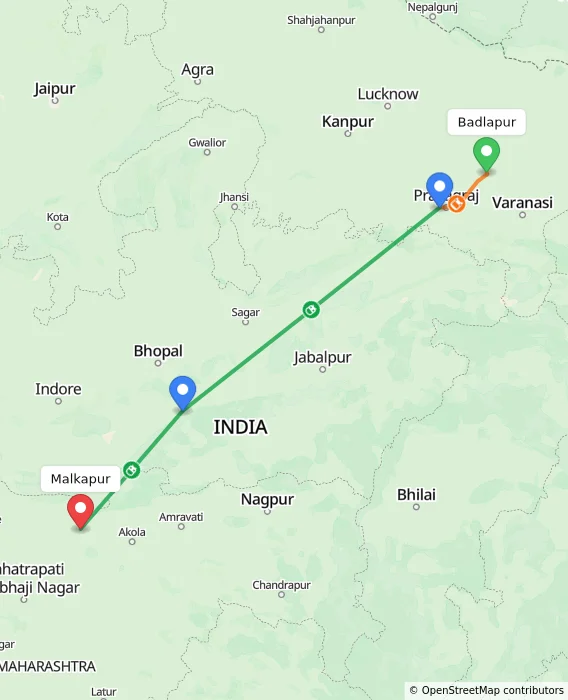 Route map showing distance and travel time from Badlapur, India to Malkapur, India