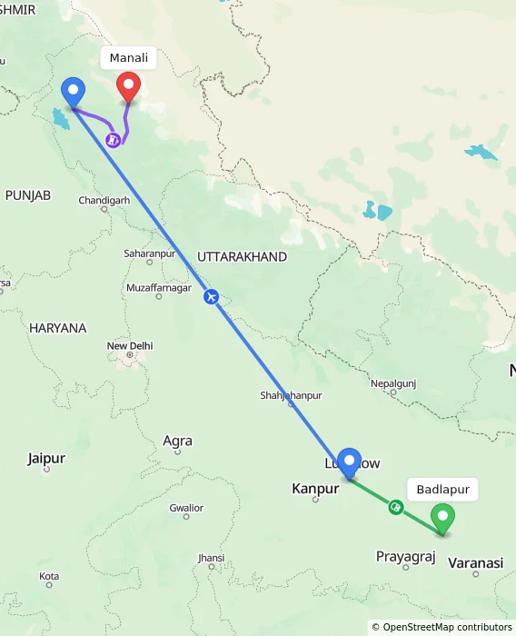 Route map showing distance and travel time from Badlapur, India to Manali, India