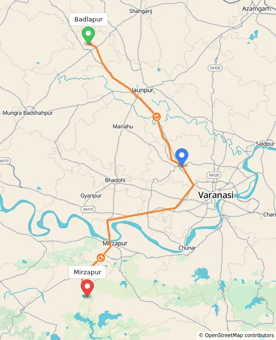 Route map showing distance and travel time from Badlapur, India to Mirzapur, India