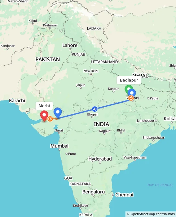 Route map showing distance and travel time from Badlapur, India to Morbi, India