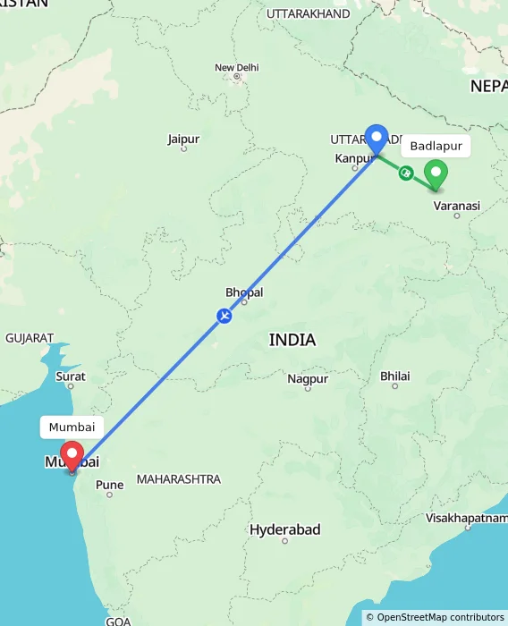 Route map showing distance and travel time from Badlapur, India to Mumbai, India