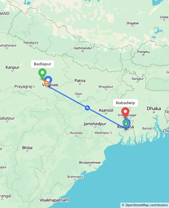Route map showing distance and travel time from Badlapur, India to Nabadwip, India