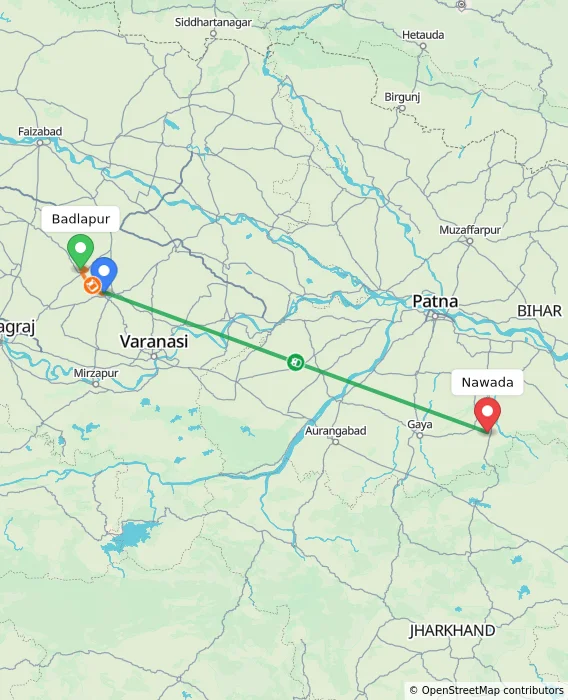 Route map showing distance and travel time from Badlapur, India to Nawada, India