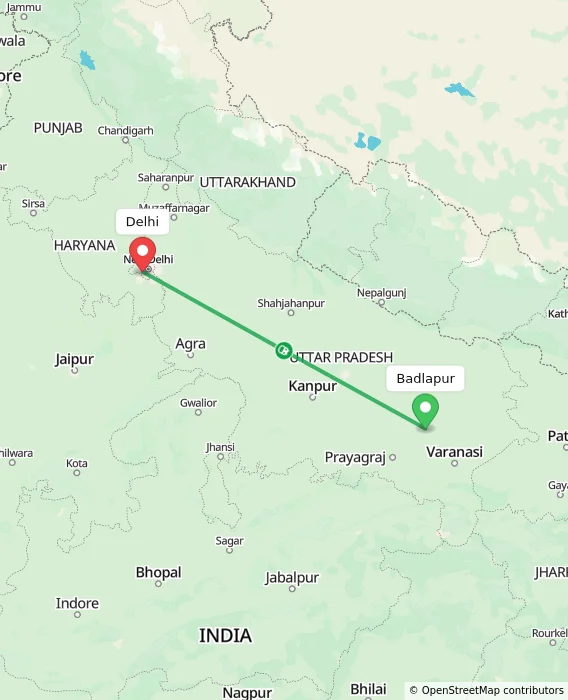 Route map showing distance and travel time from Badlapur, India to Delhi, India