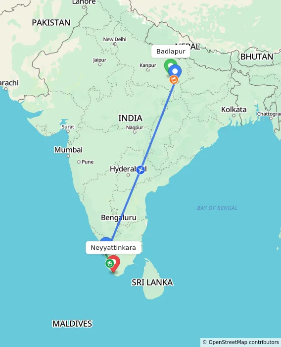 Route map showing distance and travel time from Badlapur, India to Neyyattinkara, India