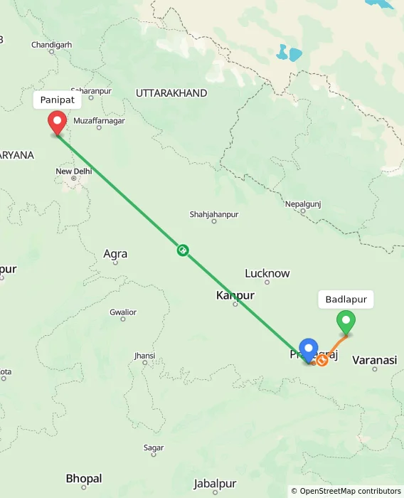Route map showing distance and travel time from Badlapur, India to Panipat, India