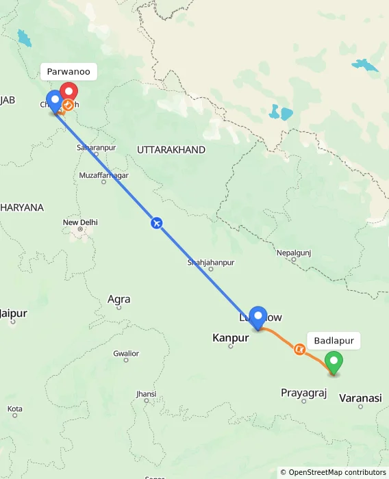 Route map showing distance and travel time from Badlapur, India to Parwanoo, India
