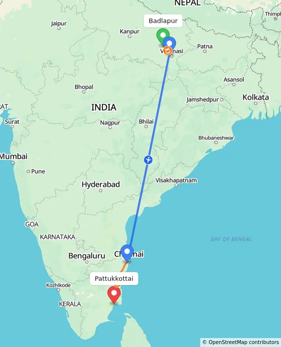 Route map showing distance and travel time from Badlapur, India to Pattukkottai, India