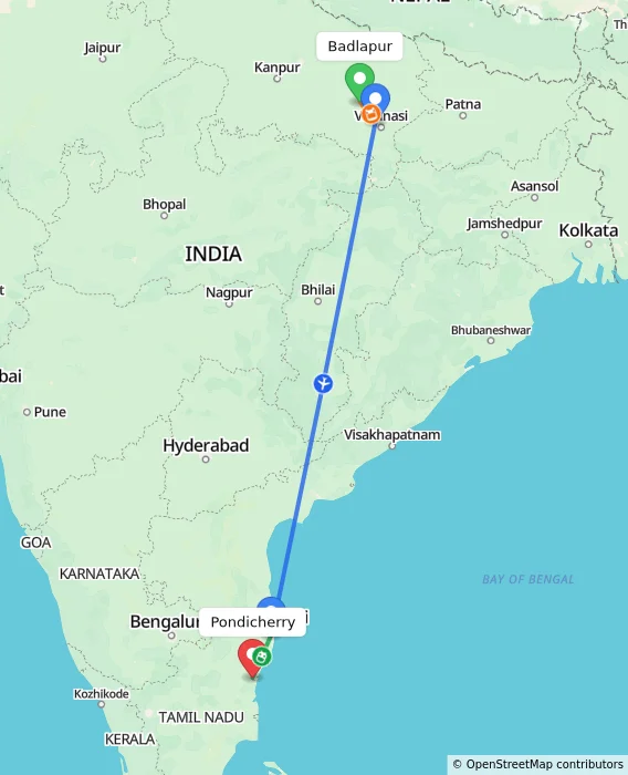 Route map showing distance and travel time from Badlapur, India to Puducherry, India