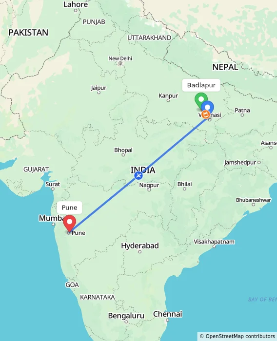 Route map showing distance and travel time from Badlapur, India to Pune, India