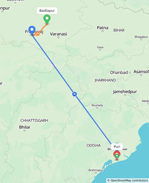 Route map showing distance and travel time from Badlapur, India to Puri, India