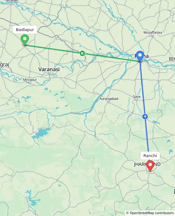 Route map showing distance and travel time from Badlapur, India to Ranchi, India