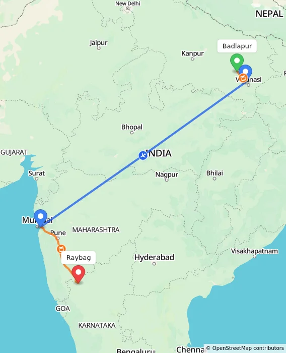 Route map showing distance and travel time from Badlapur, India to Raybag, India