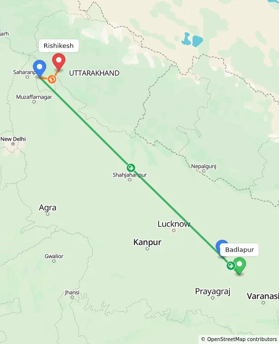 Route map showing distance and travel time from Badlapur, India to Rishikesh, India