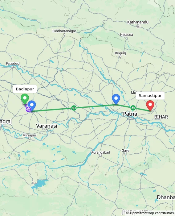 Route map showing distance and travel time from Badlapur, India to Samastipur, India