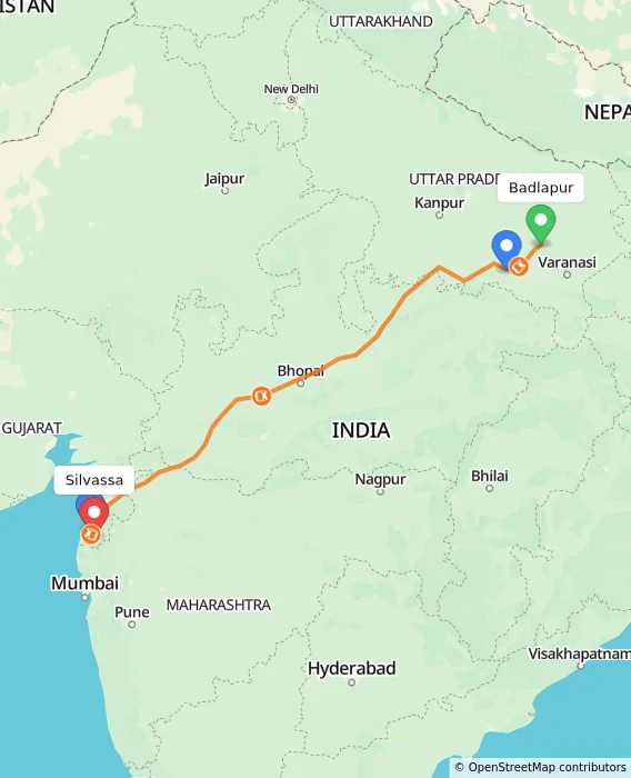 Route map showing distance and travel time from Badlapur, India to Silvassa, India