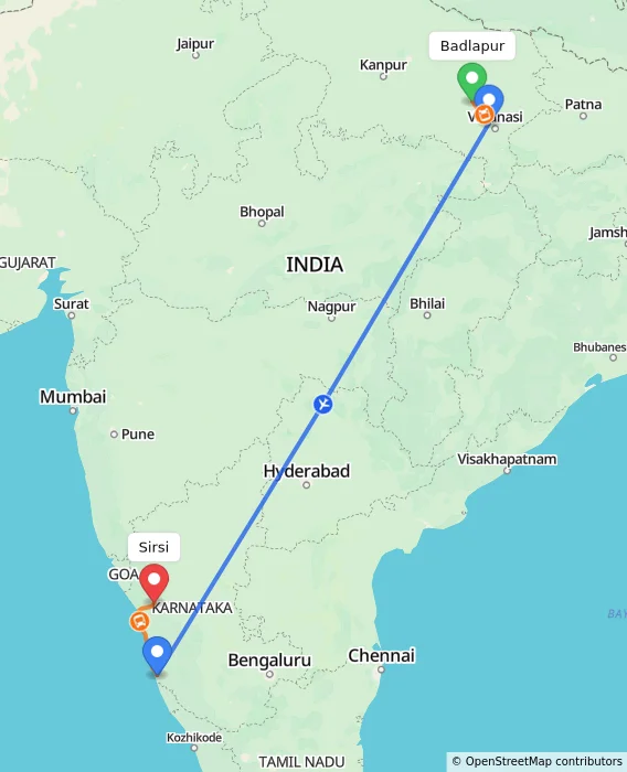 Route map showing distance and travel time from Badlapur, India to Sirsi, India