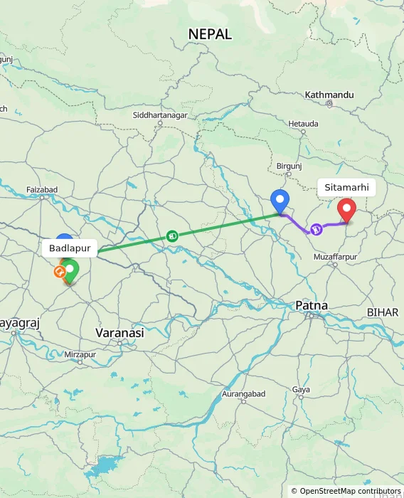 Route map showing distance and travel time from Badlapur, India to Sitamarhi, India