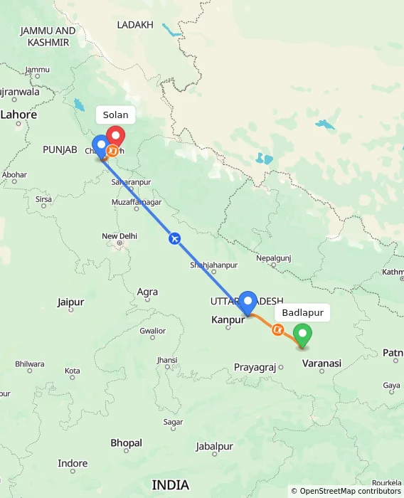 Route map showing distance and travel time from Badlapur, India to Solan, India
