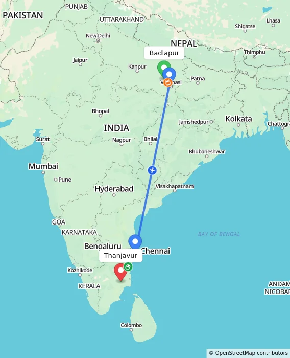 Route map showing distance and travel time from Badlapur, India to Thanjavur, India