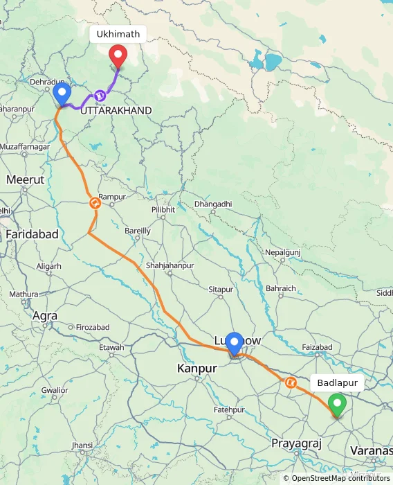 Route map showing distance and travel time from Badlapur, India to Ukhimath, India