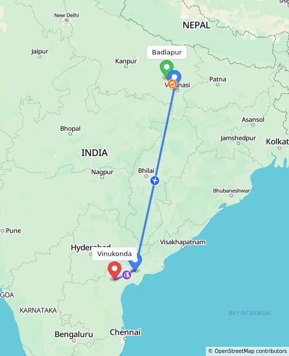 Route map showing distance and travel time from Badlapur, India to Vinukonda, India