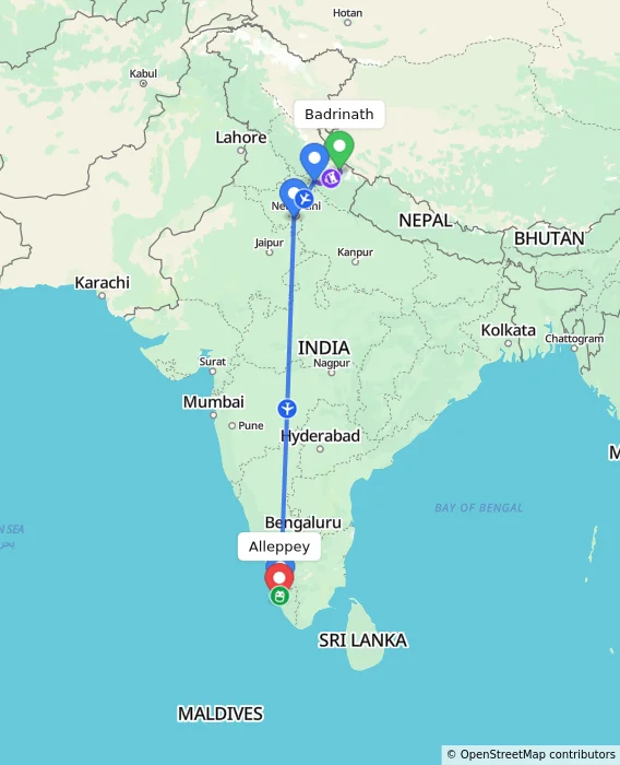 Route map showing distance and travel time from Badrinath, India to Alappuzha, India