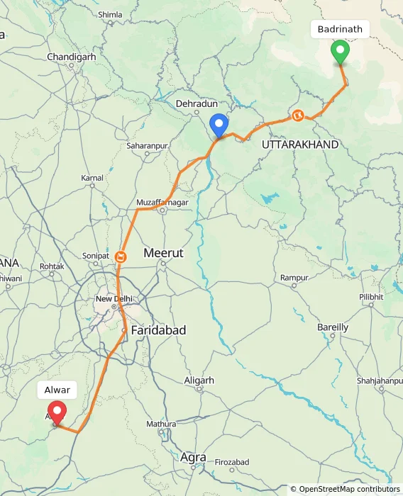 Route map showing distance and travel time from Badrinath, India to Alwar, India
