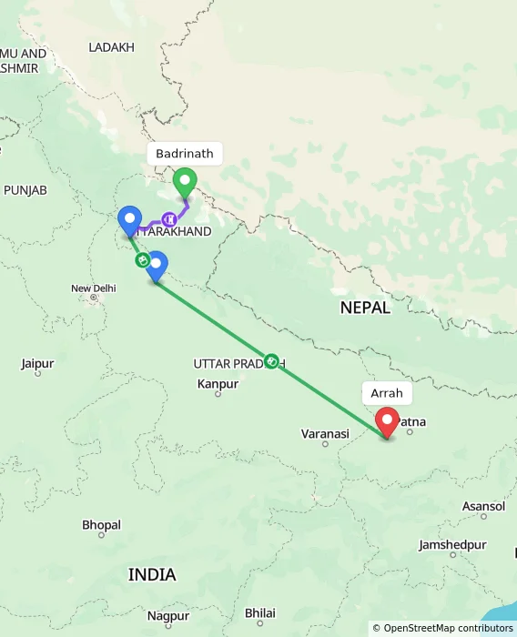 Route map showing distance and travel time from Badrinath, India to Arrah, India