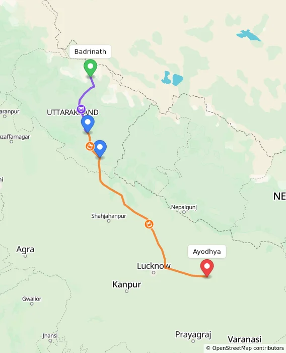 Route map showing distance and travel time from Badrinath, India to Ayodhya, India