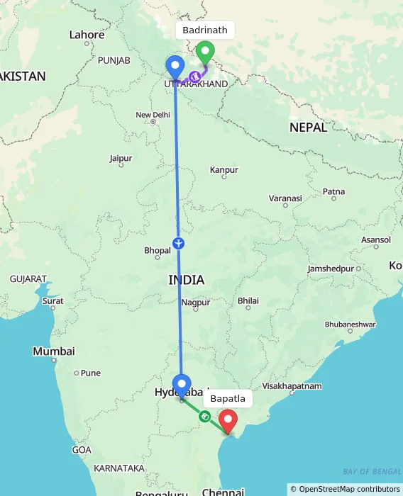 Route map showing distance and travel time from Badrinath, India to Bapatla, India