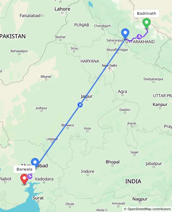 Route map showing distance and travel time from Badrinath, India to Barwala, India