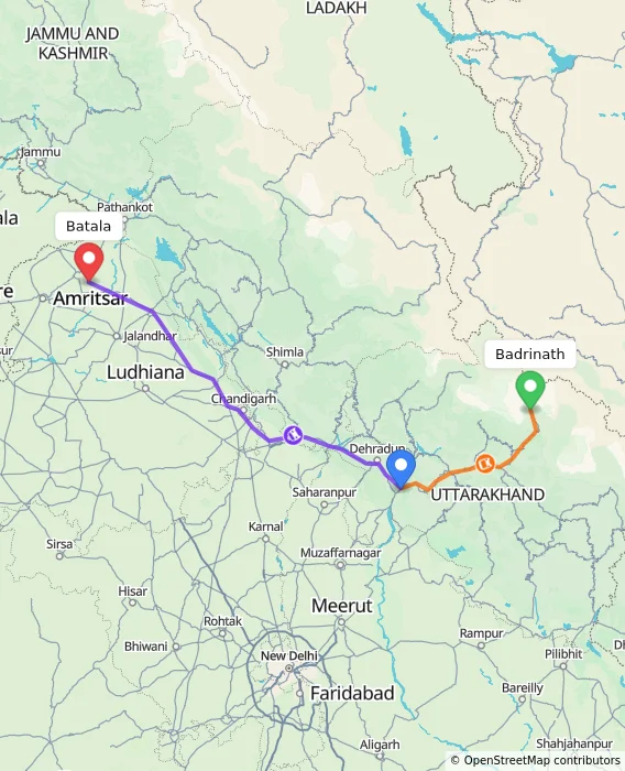 Route map showing distance and travel time from Badrinath, India to Batala, India