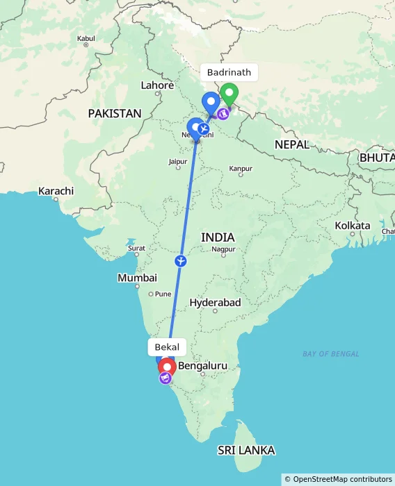 Route map showing distance and travel time from Badrinath, India to Bekal, India