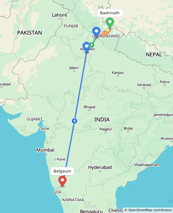 Route map showing distance and travel time from Badrinath, India to Belgaum, India