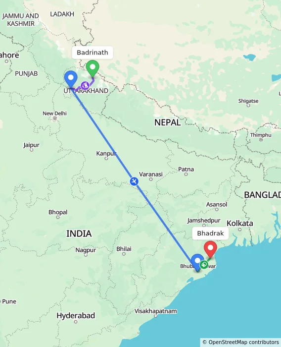 Route map showing distance and travel time from Badrinath, India to Bhadrak, India