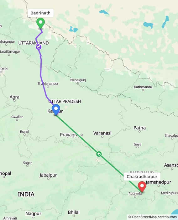 Route map showing distance and travel time from Badrinath, India to Chakradharpur, India