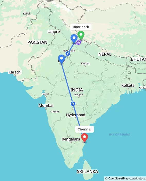 Route map showing distance and travel time from Badrinath, India to Chennai, India