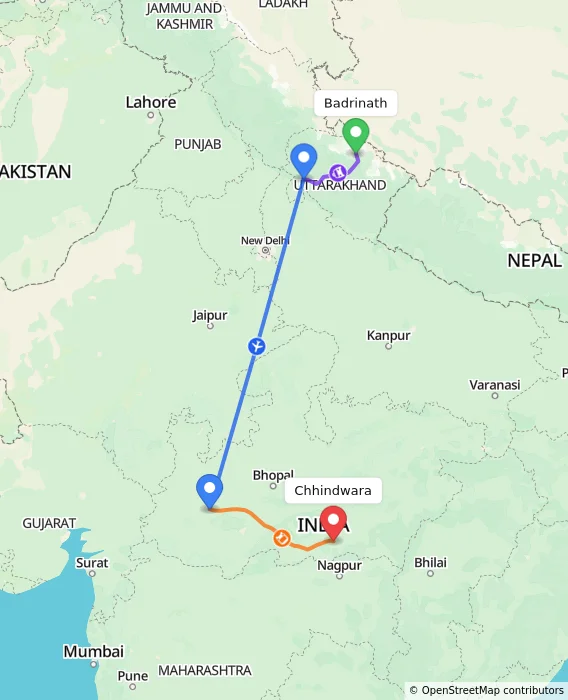 Route map showing distance and travel time from Badrinath, India to Chhindwara, India