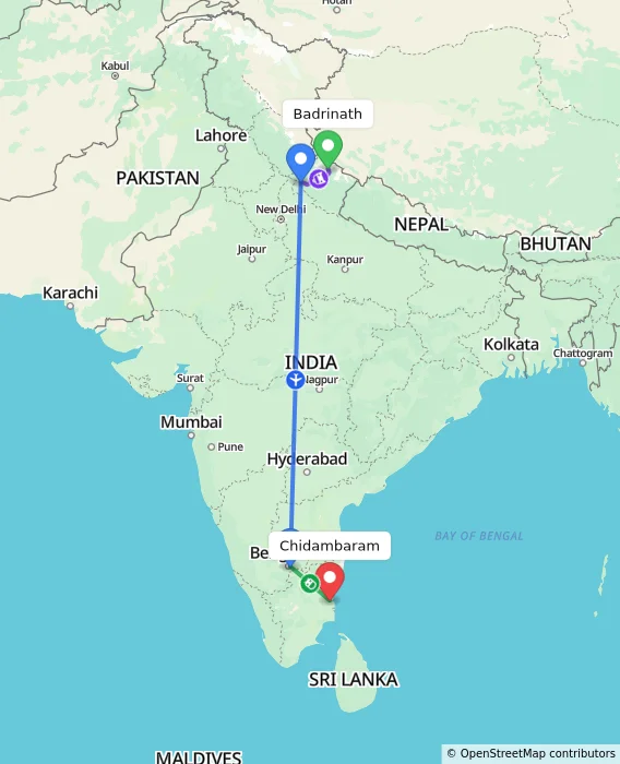Route map showing distance and travel time from Badrinath, India to Chidambaram, India