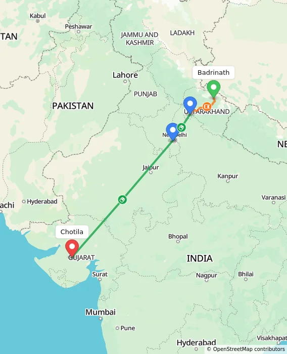 Route map showing distance and travel time from Badrinath, India to Chotila, India