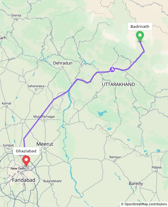Route map showing distance and travel time from Badrinath, India to Ghaziabad, India