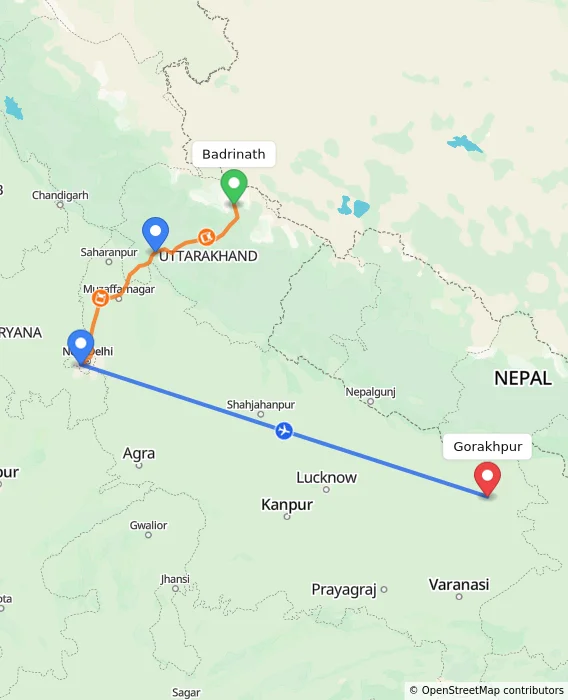 Route map showing distance and travel time from Badrinath, India to Gorakhpur, India