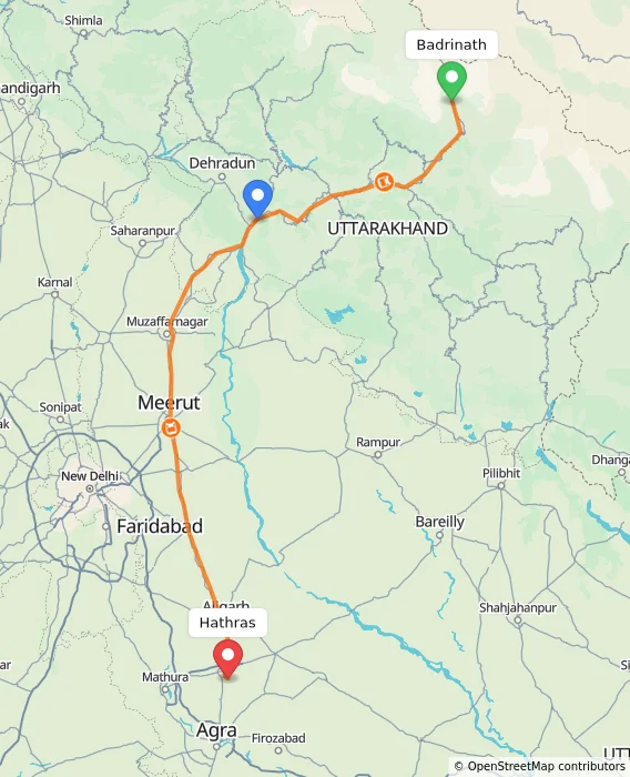 Route map showing distance and travel time from Badrinath, India to Hathras, India