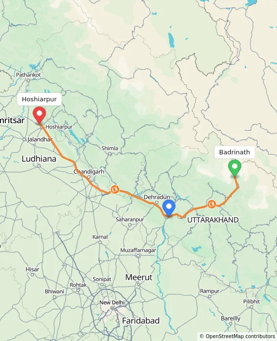 Route map showing distance and travel time from Badrinath, India to Hoshiarpur, India
