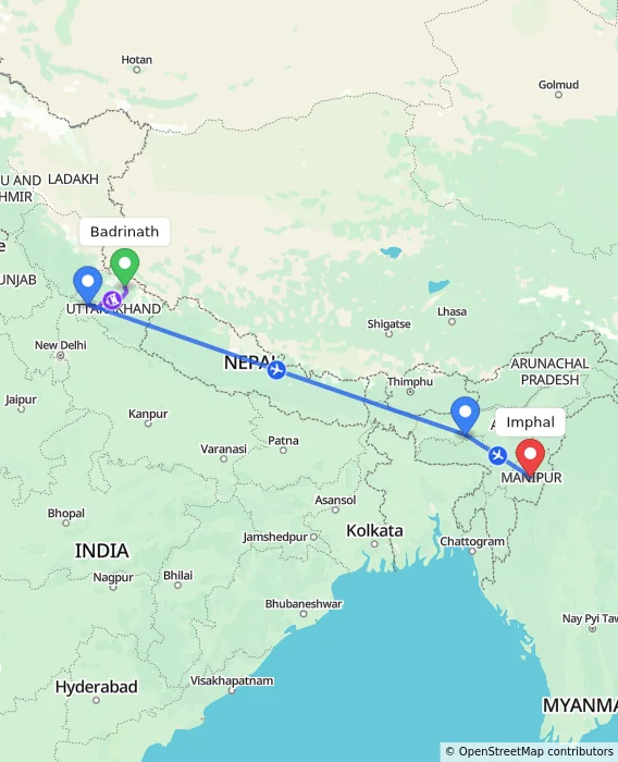 Route map showing distance and travel time from Badrinath, India to Imphal, India