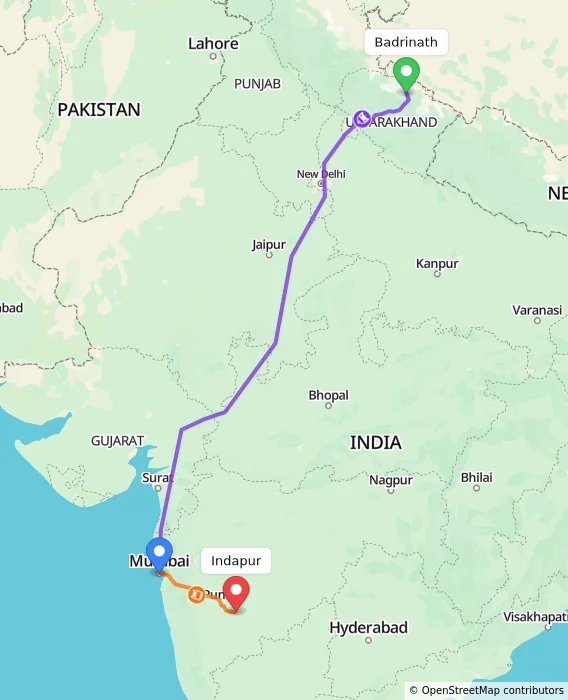Route map showing distance and travel time from Badrinath, India to Indapur, India