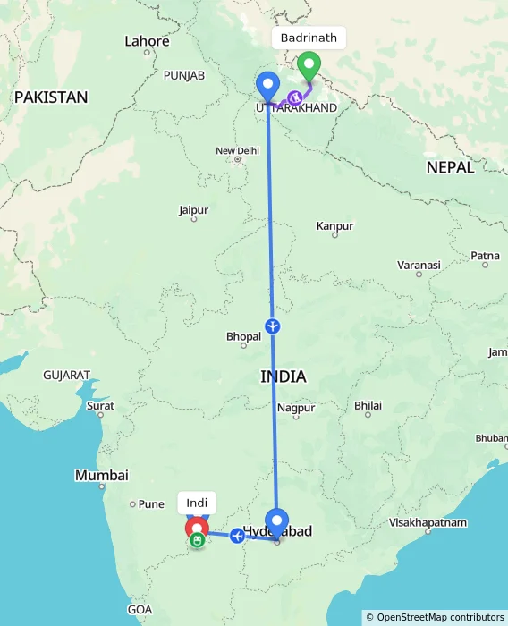 Route map showing distance and travel time from Badrinath, India to Indi, India