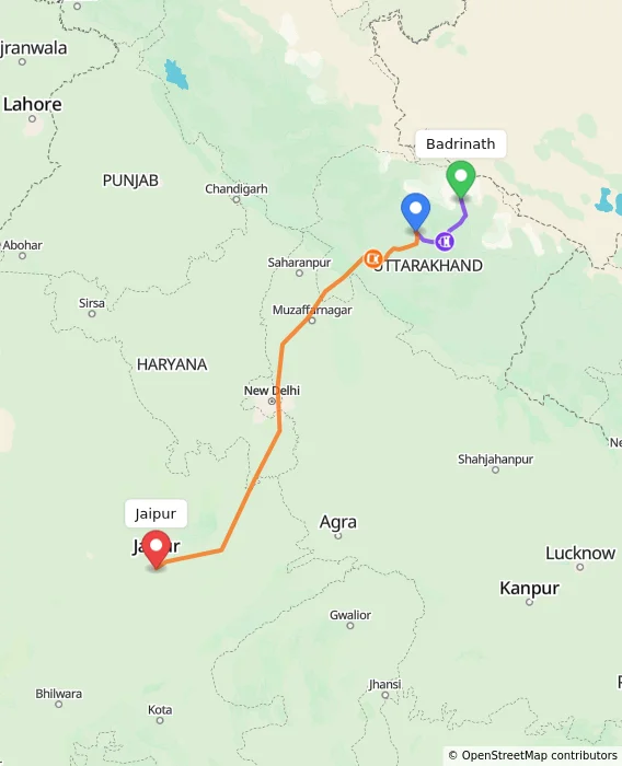 Route map showing distance and travel time from Badrinath, India to Jaipur, India